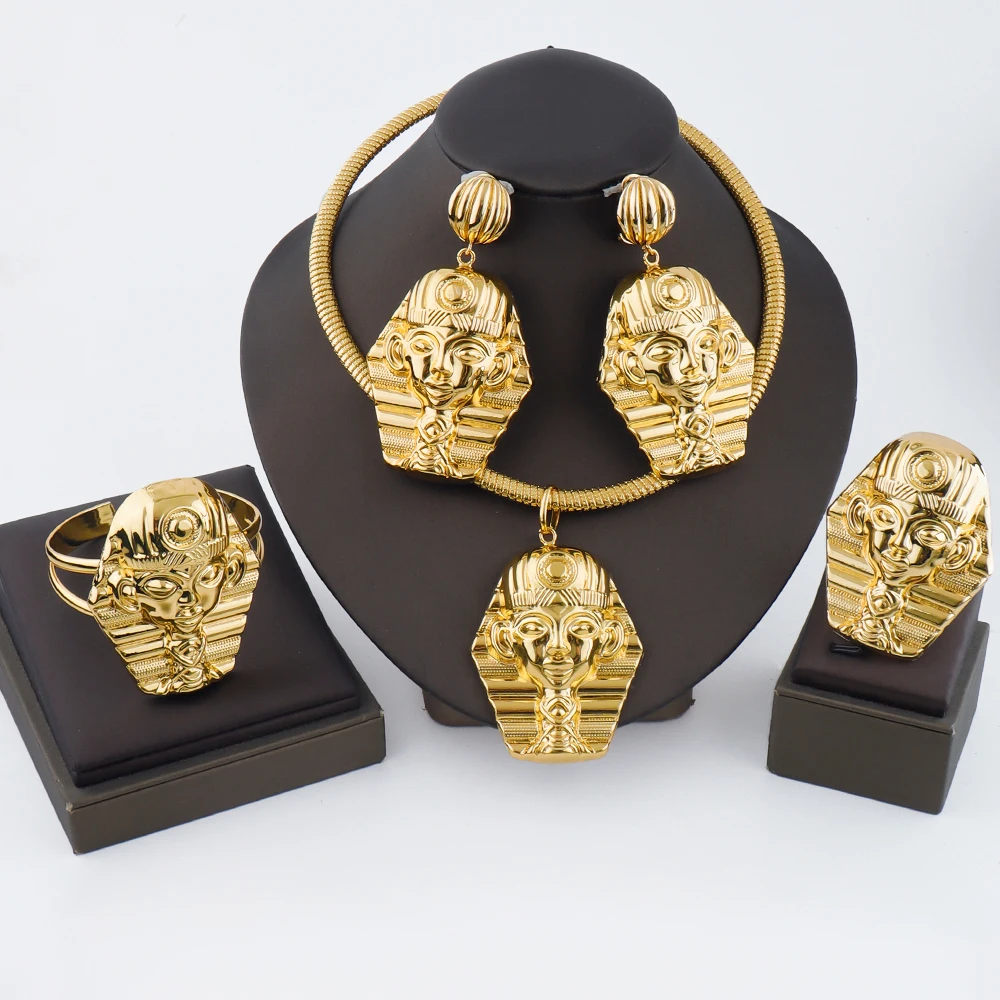 Goldfarbenes großes Schmuckset für Frauen, Human Design, Ohrringe, Halskette, Dubai, afrikanisches Armband, Ring, Hochzeit, Brautgeschenk – Detail 3