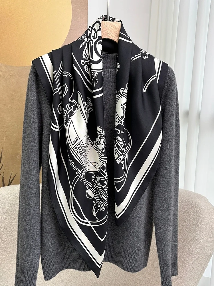 シルクスカーフショール-86cm-春夏秋冬兼用-幾何学模様-デジタルプリント-韓国風-大判正方形装飾-レディース