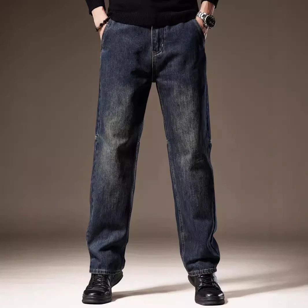 American Vintage Fashion Men Solid Color Dark Blue Black Straight Loose Fit Simple Basic Casual Trendy Jeans Pants Male Denim