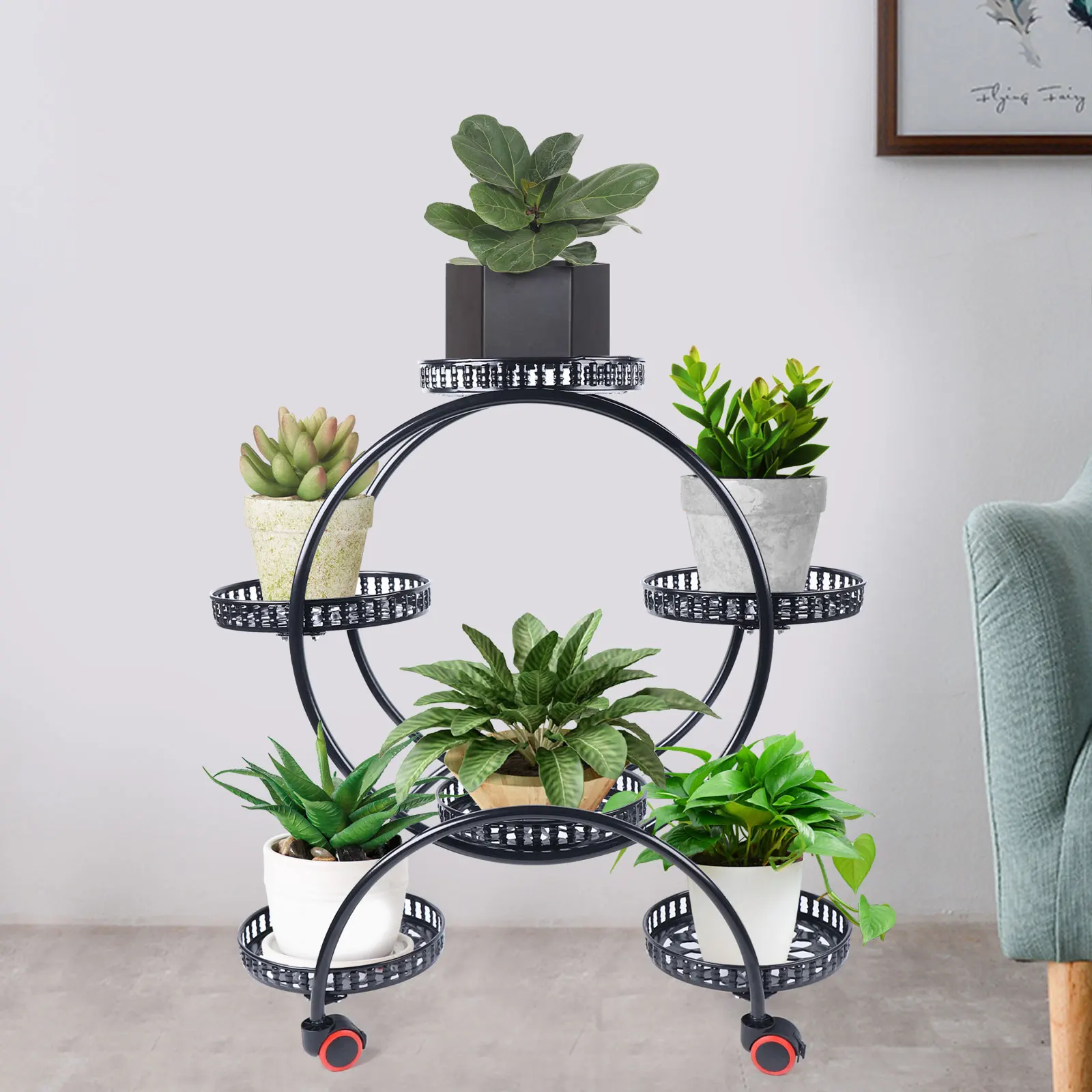 Metal Plant Stands 6 Pots Plants Flower Holder 4 Tier Display Shelf Rack with Wheels for Patio Garden Yard Home Decor