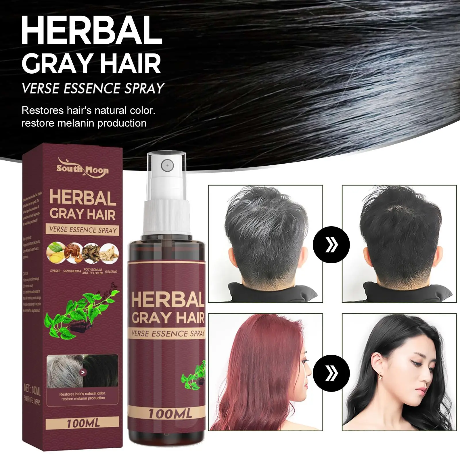 

100ml Anti White Hair Spray Herbal Reduce Gray Spray Serum Black Care Scalp To Repair Hair Treatment Nourish White F2R3