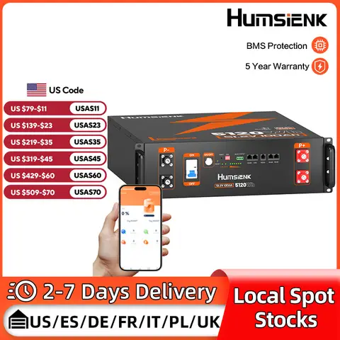 Humsienk Server Rack LiFePO4 Battery 3U Size 48V 100AH With Bluetooth 100A BMS 15000 Cycles For Inverter, RV, Vans, Solar Energy