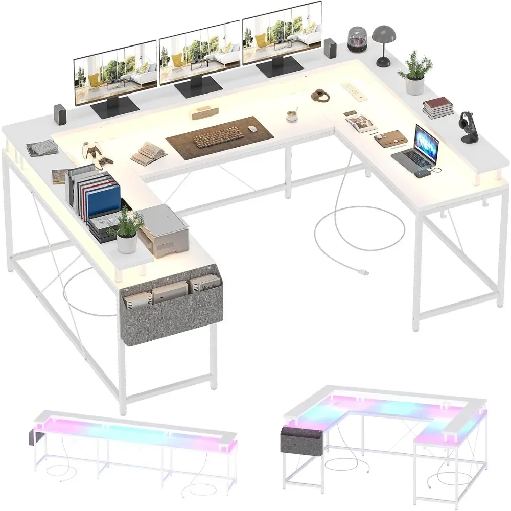 U Shaped Computer Gaming Desk, Reversible L Shaped Desk with Power Outlets, LED Strip & Monitor Stand, Large Corner Desk