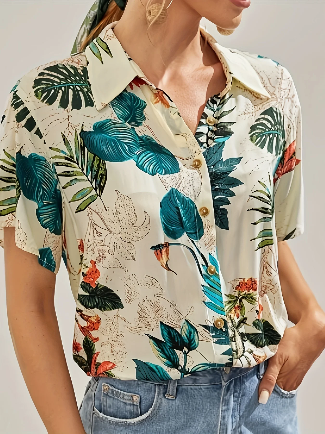 

Tropical Print Button Front Shirt Spring And Summer Retro Fashion Versatile Short-Sleeved New Casual Shirt Women's Clothing