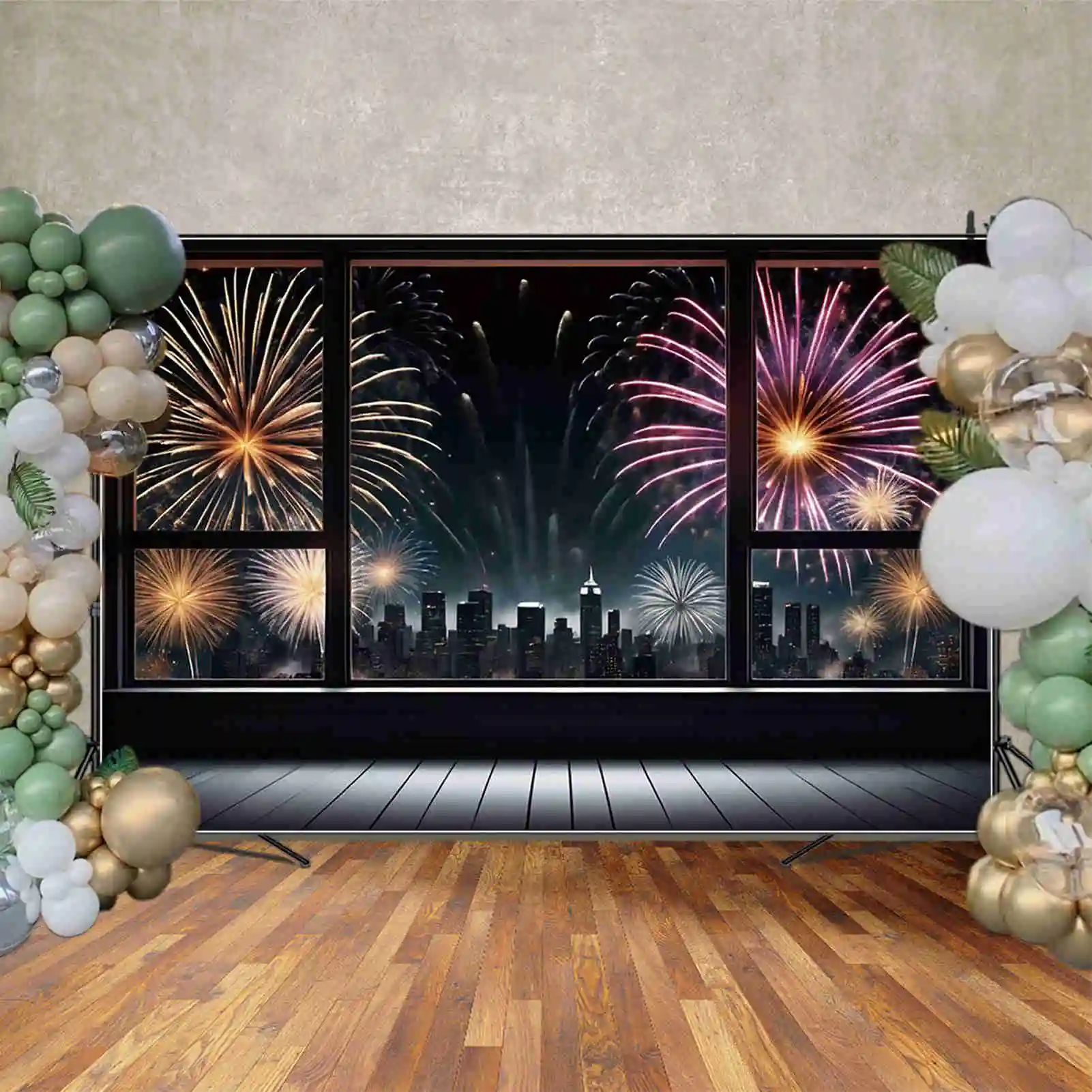 MOON.QG Happy New Year 2025 Photo Background 2024 Christmas Window Fireworks Photocall Backdrop Custom Photography Studio Props