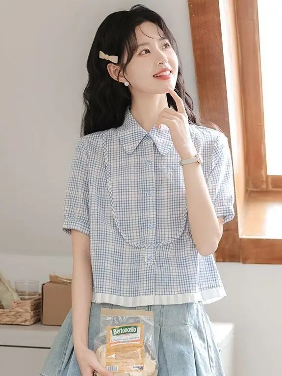 

Клетчатая кружевная рубашка с короткими рукавами для женщин, лето 2023, новый дизайн, милый и стильный топ