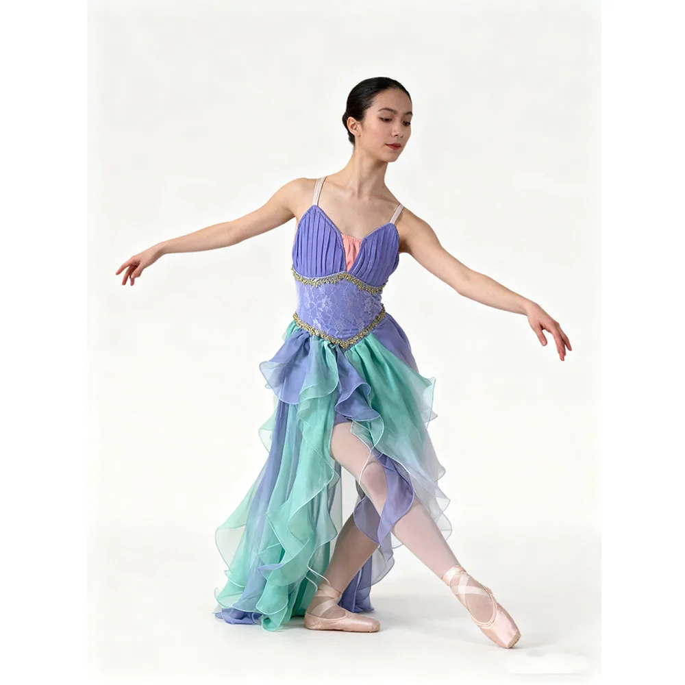 Mermaid Princess Ballet Dress With Long Tails Asymmetrical Layered Ombre Tulle,Custom Made For Performance Balet Dancewear
