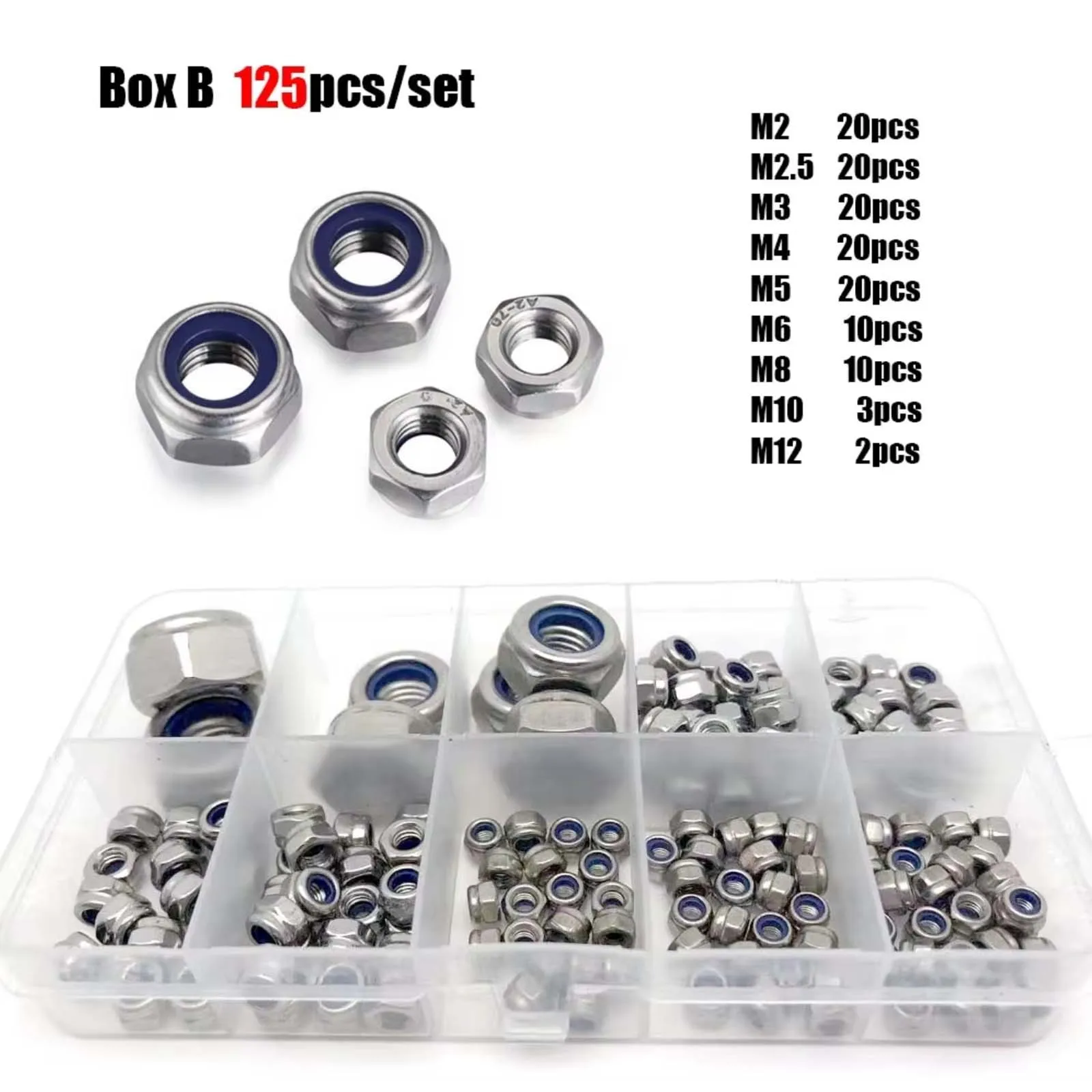 125pcs/set M2 to M12 DIN985 304 Stainless Black Carbon Steel Hexagon Hex Nylon Insert Lock Self Locking Nut Assortment Kit Set
