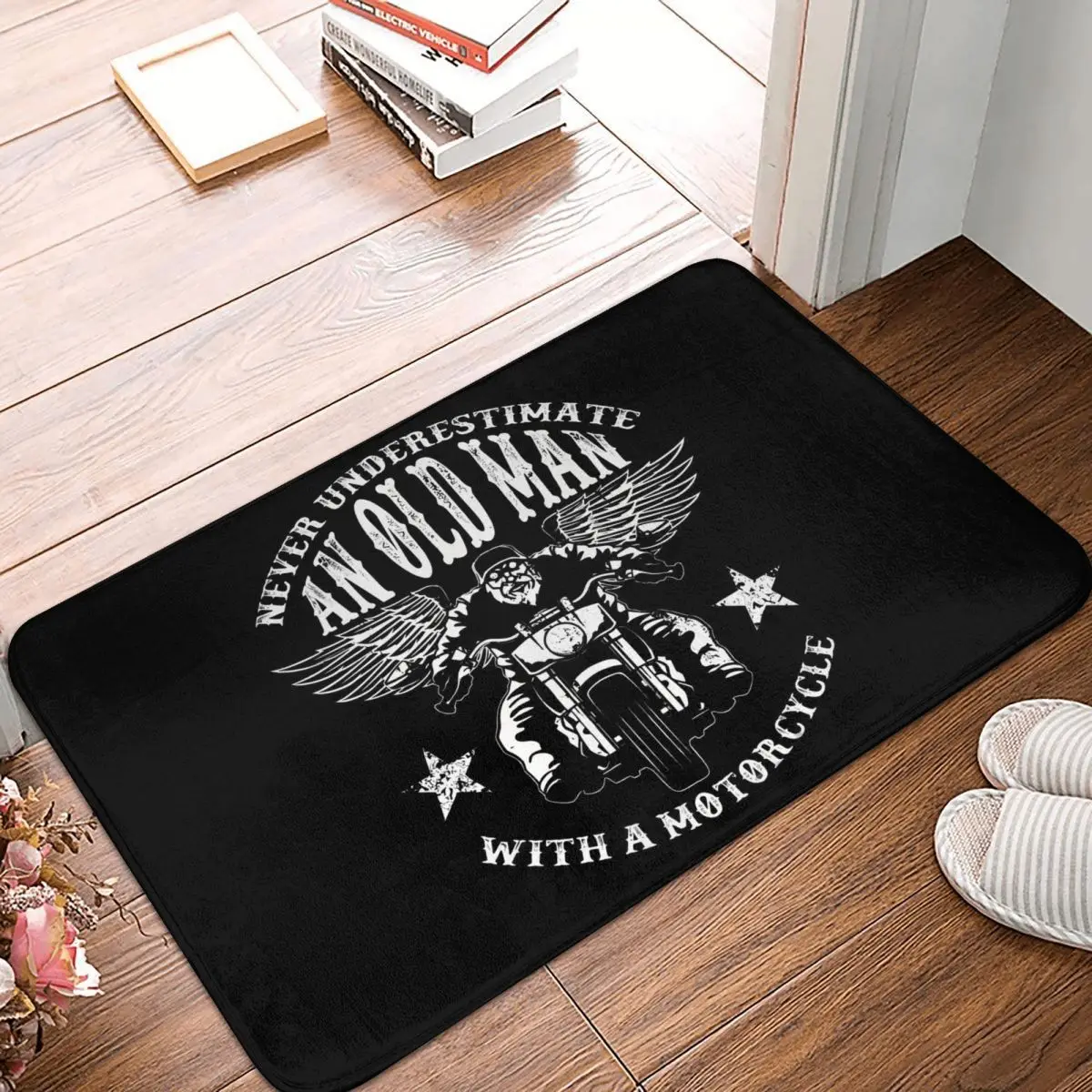 Motorcycle Cartoon Bath Non-Slip Carpet Never Underestimate An Old Man Living Room Mat Entrance Door Doormat Decoration Rug