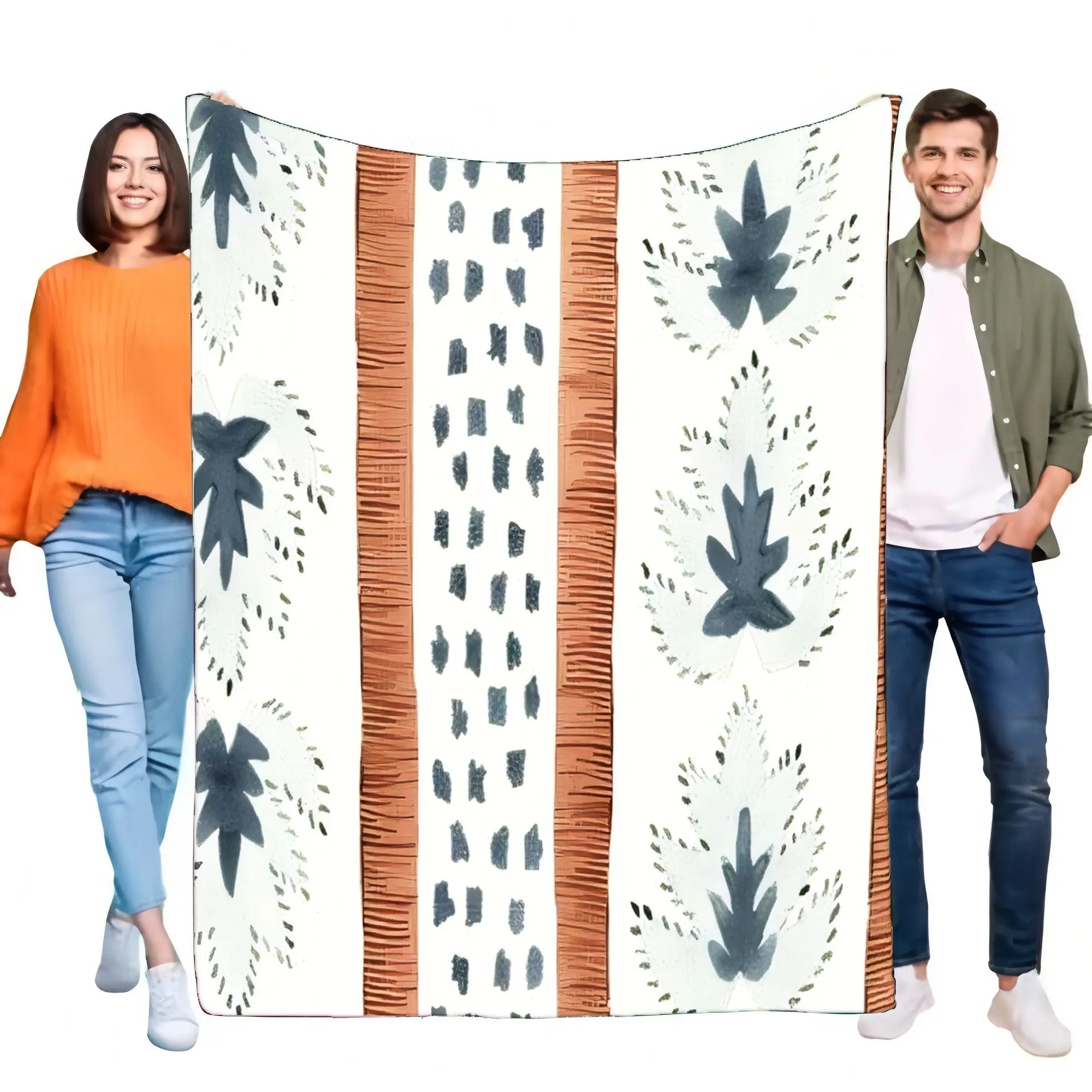 Boho Abstract Leaf Striped Blanket Soft Cozy Lightweight Throw for Bed Sofa Couch Artistic Modern Home Decor Gift Terracotta Acc