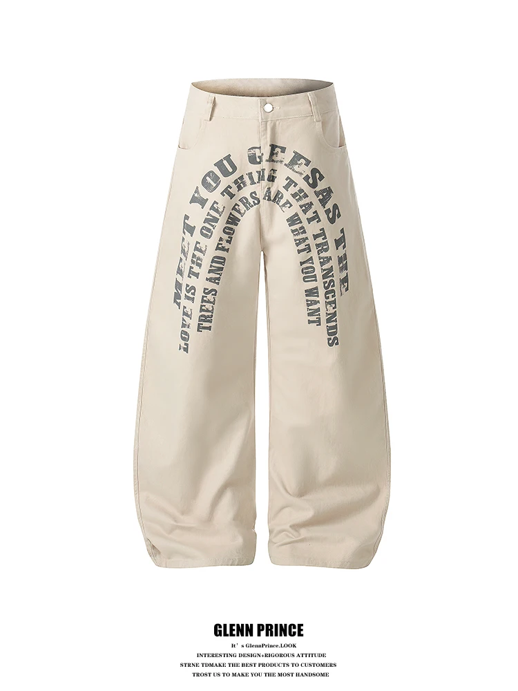 

American Retro Arch Letter Print Shape Lazy Style Loose Wide Leg Pants Men's Casual Loose Fit Knife Trousers