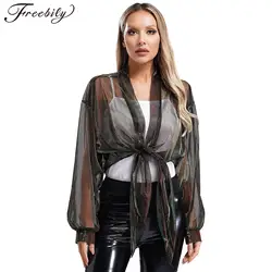 Women Shiny Sheer Mesh Bolero Cardigan Shrug Coat Long Sleeve Lace-up Casual Shawl Wraps Sun-protective Cover-ups Outerwear