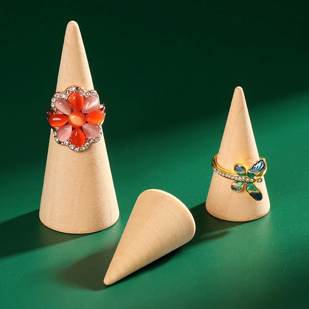 6Pcs Wood Cone Ring Display Holders Sturdy Jewelry Stand Natural Wooden Ring Organizers for Tabletop