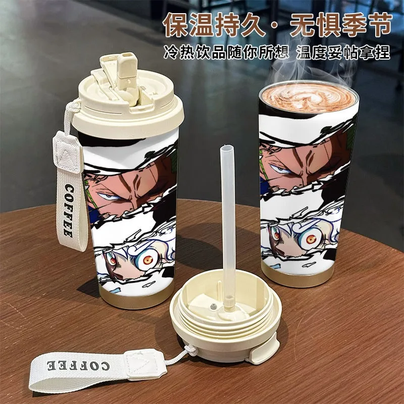 New 520ML Cartoon One Piece Anime Luffy Zoro Thermos Cup Ins Stainless Steel Thermos Straw Coffee Cup Holiday Gifts