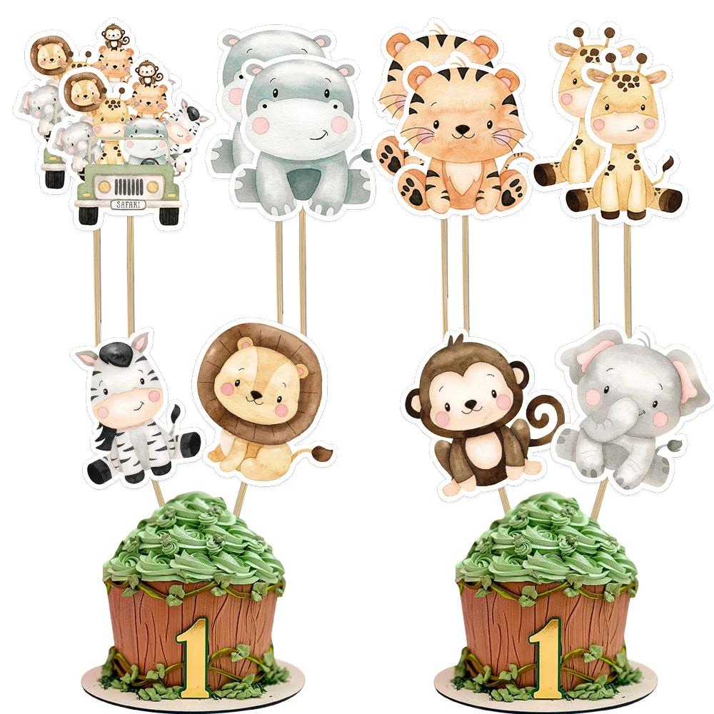 24pcs Carton Wild Animal Cake Toppers Multi Cupcake Topper For Kids Jungle Safari Birthday Party DIY Cake Decoration Supplies