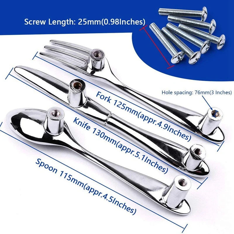6 PCS Knife Spoon Fork Kitchen Cabinet Closet Drawer Pull Handles Knobs 3-Inch Center To Center (Silver)-AT35