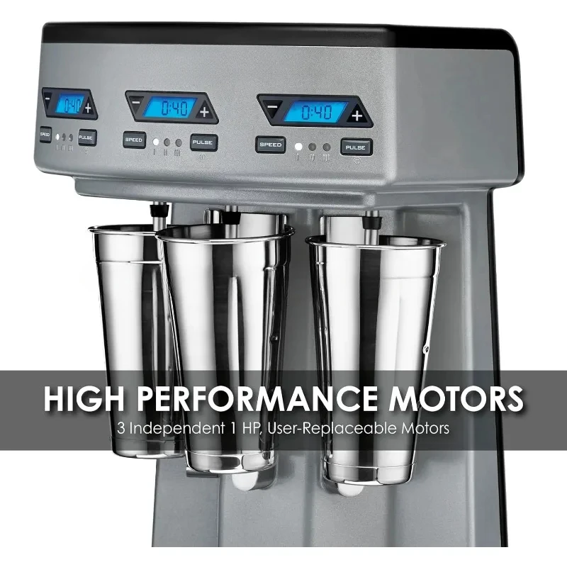 Commercial Heavy-Duty Triple Spindle Drink Mixer, with Countdown Timer, Digital Display, Automatic Start/Stop, Silver