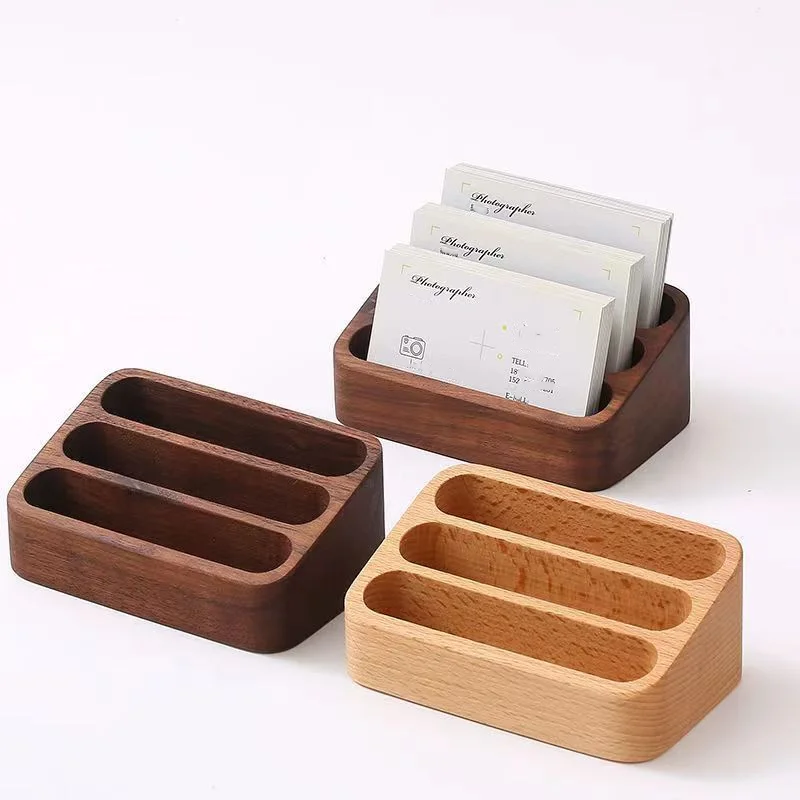 1Pcs Wooden Desktop Business Card Holder 3 Compartment Storage Box For Office Supplies Desk Accessories Organizer
