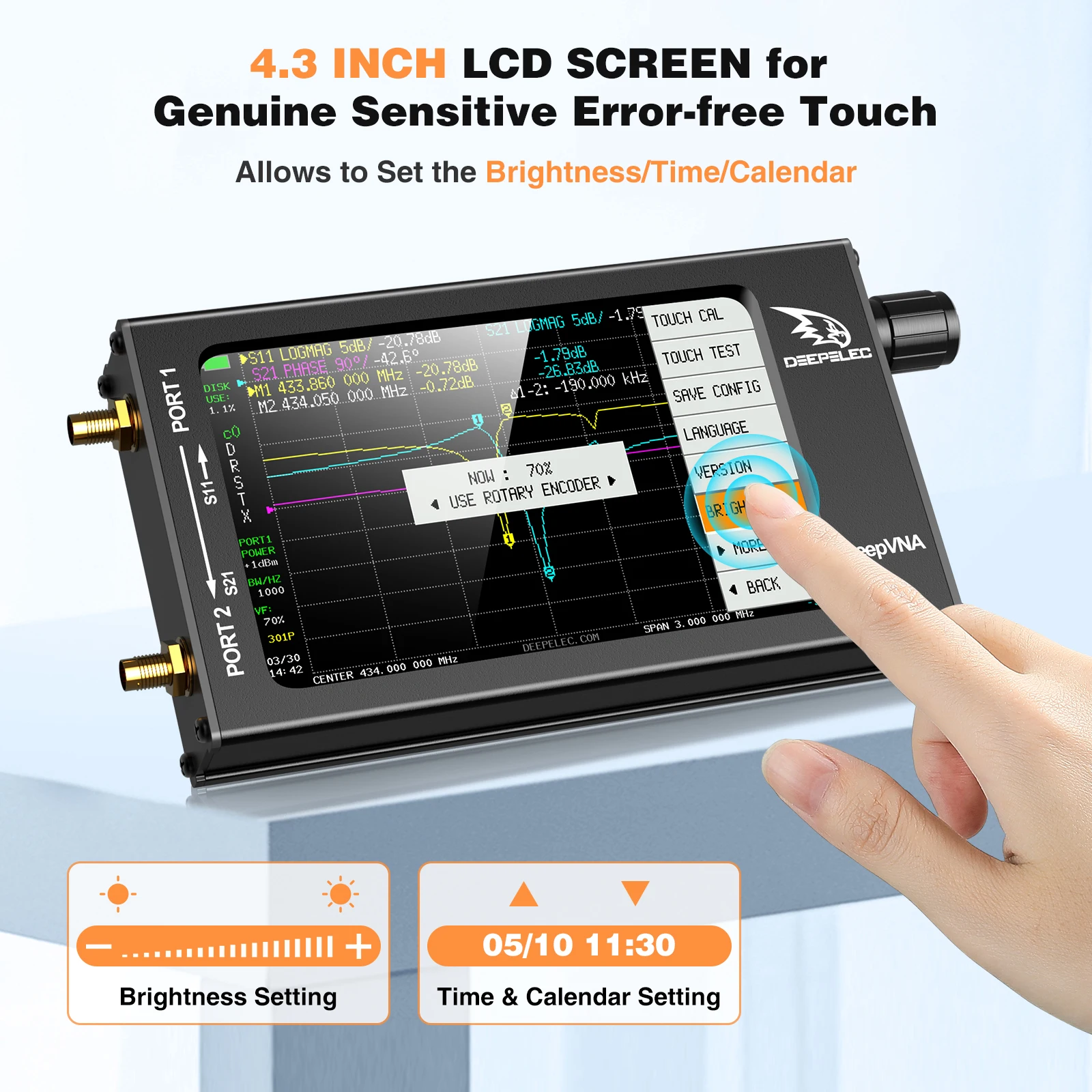 DeepVNA-101 4.3 inch Antenna Analyzer 10k-1.5GHz SWR Meter VHF UHF  Network Analyzer HW3.2 IPS LCD + Metal Case NanoVNA-F