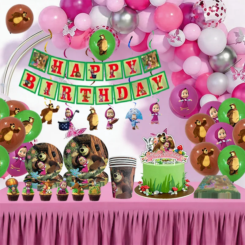 Neue Mascha und der Bär Geburtstagsparty-Dekorationen Einwegbecher Teller Servietten Hintergrund Ballons Set Partyzubehör Geschenk