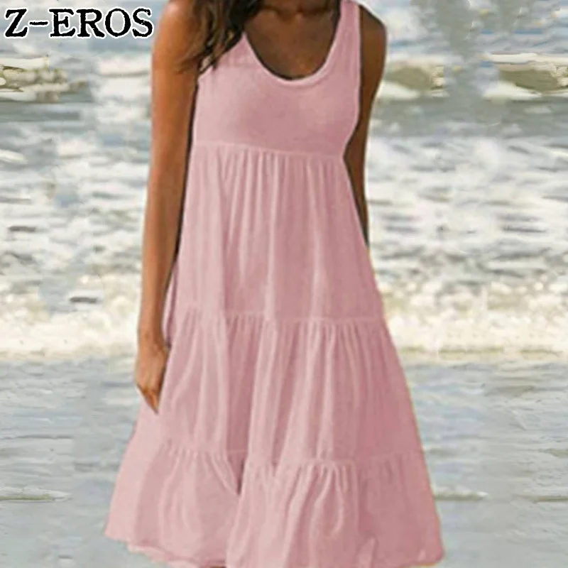 Z-EROS Women's Summer U-Neck Sleeveless Large Bohemian Solid Casual Beach Dress Loose Knee Dress Coquette Aesthetic Cake Dress