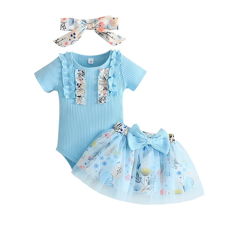 

Baby Girl Summer Outfits Short Sleeve Romper with Floral Print Tulle Skirt and Bow Headaband 3 Pcs Set