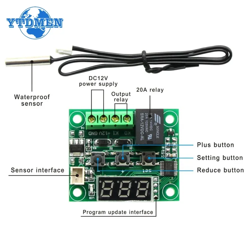 1PCS Digital Temperature Controller W1209 DC 12V Thermometer with Waterproof Probe LED Temperature Module Electronic Thermostat