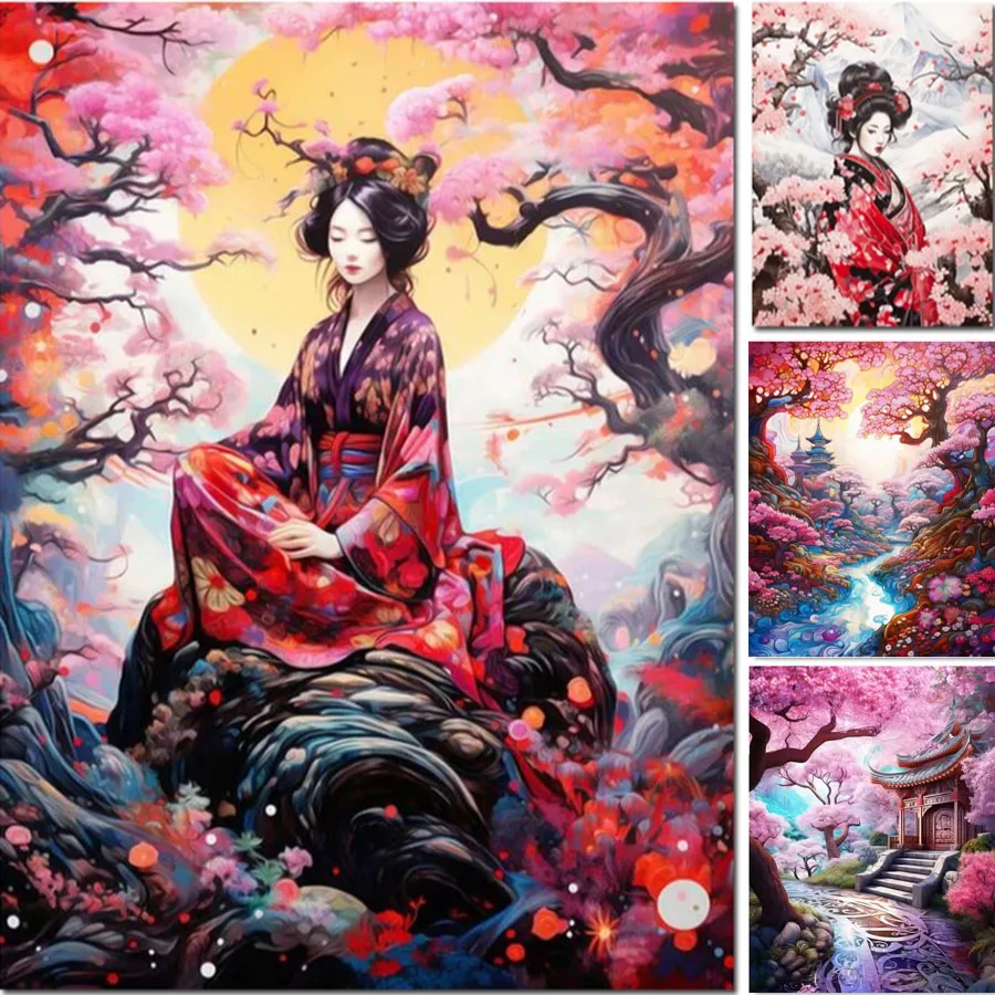 Japanese Cherry Blossom Complete Kit Full Diamond Painting Mosaic Art Geisha Rhinestone Pictures Psychedelic Art Home Decoration