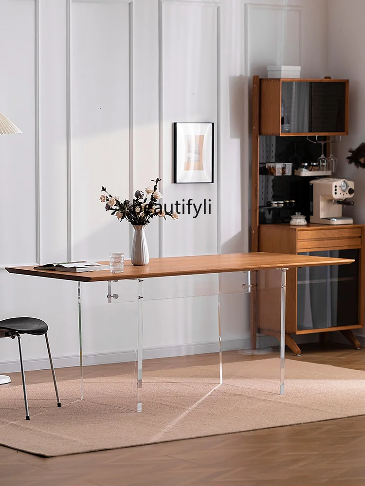 

Modern Acrylic Suspended Dining Table Cherrywood Simple Rectangular Solid Wood Table Workbench