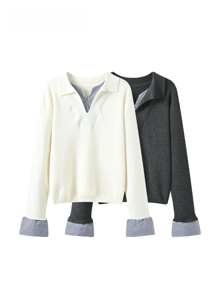 

plus Size Knitted Long Sve Women's Top Autumn Season Hepburn Sle Patchwork Striped Fake Two-Piece Knitwear for plus Size...