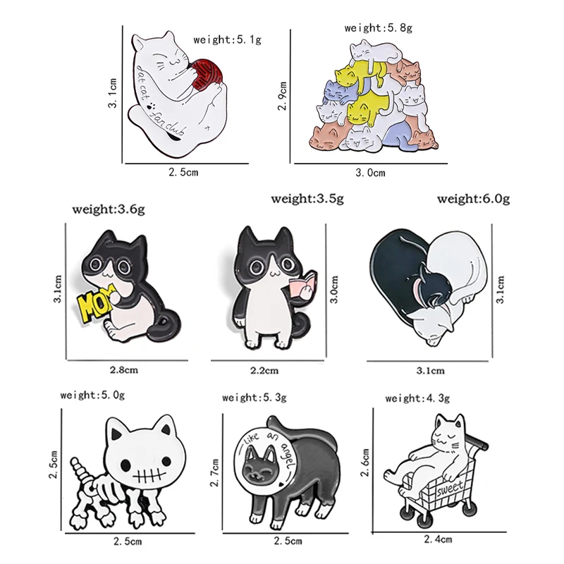 GDHY Black And White Cat Enamel Pins Skeleton Skull Hugging Kitten Fan Cats Brooches Badge Lapel Bag Clothes Jewelry Bijoux