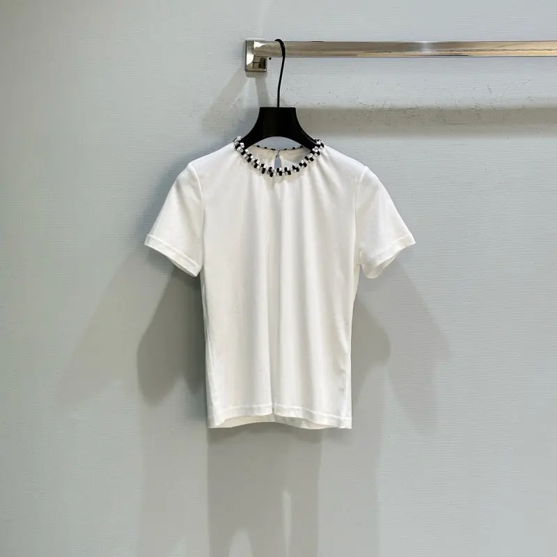 Women's White Casual Loose T-Shirt Rhinestone Decorated Crew Neck Short Sleeve Tee Top