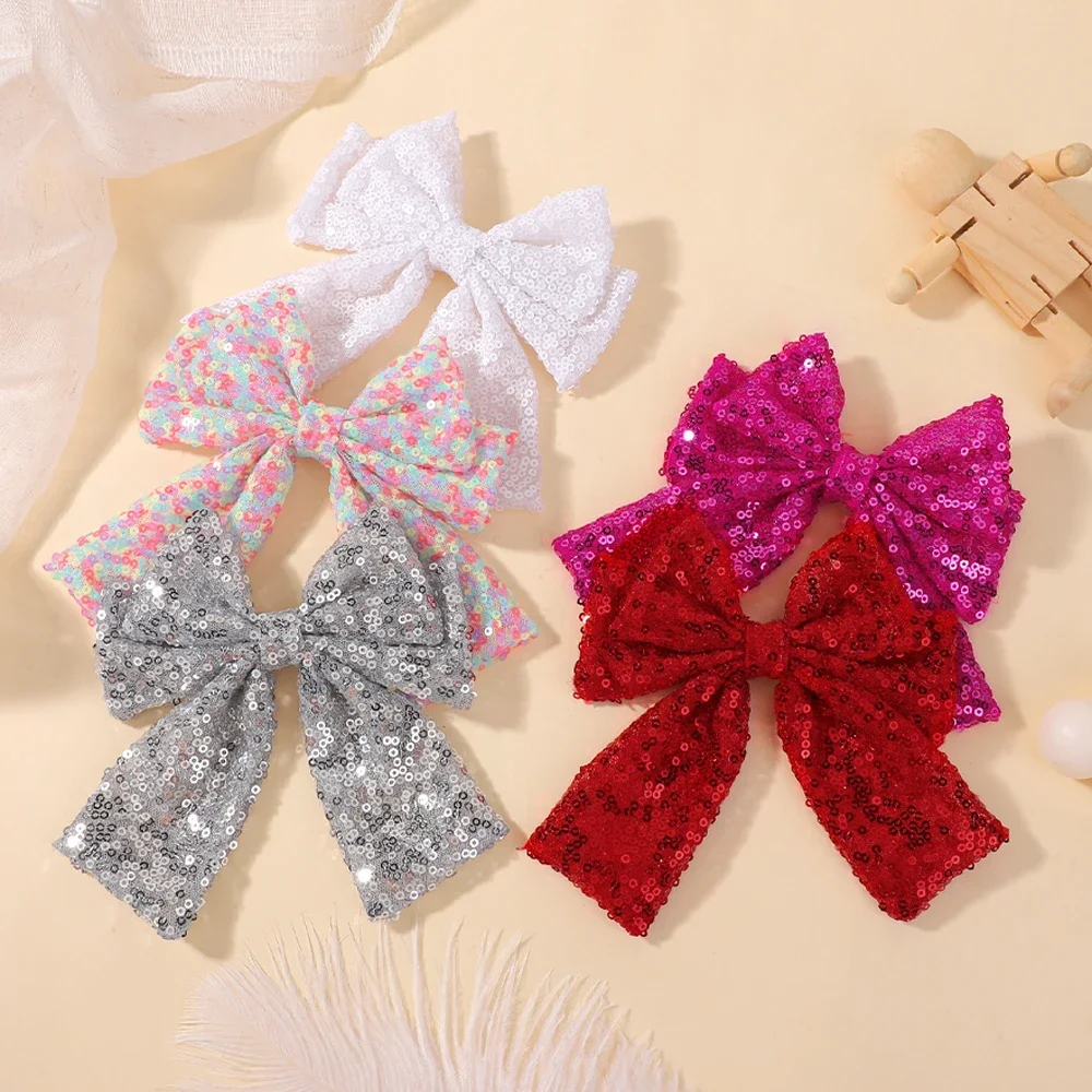 Pinza para el pelo con lazo grande de lentejuelas brillantes de Navidad para niñas, pasadores de pelo con lazo de 4.9'', accesorios dulces para el cabello para festivales y animación.