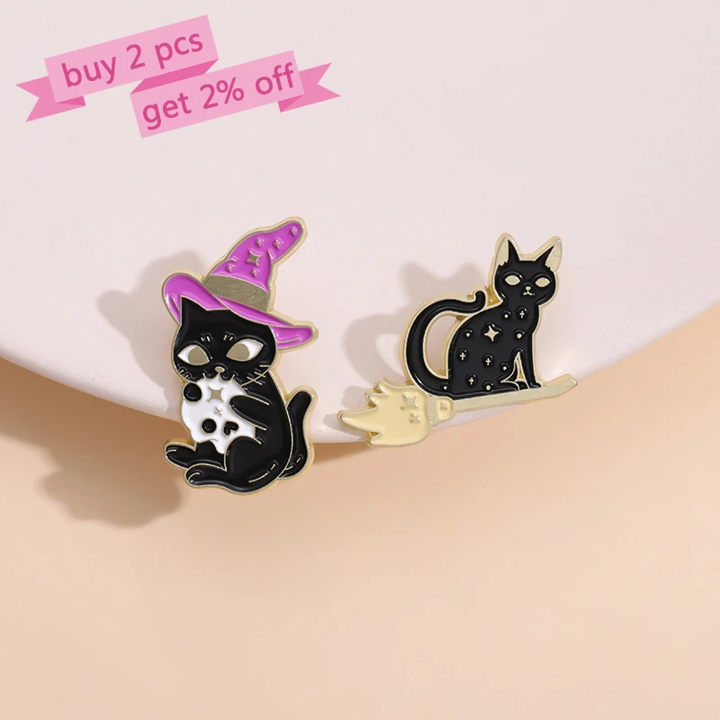 Witch Cats Enamel Pins Custom Black Kitten Spell Book Magic Potion Brooches Lapel Badges Gothic Animal Jewelry Gift for Friends
