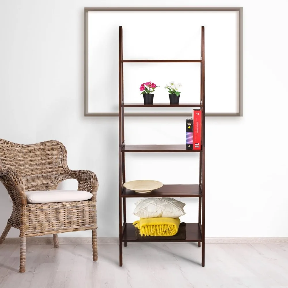 Casual Home Librería con escalera de 5 estantes de madera maciza 100%, 24,75 ancho x 16 profundidad x 72 alto, marrón cálido, estante con escalera independiente de 5 niveles