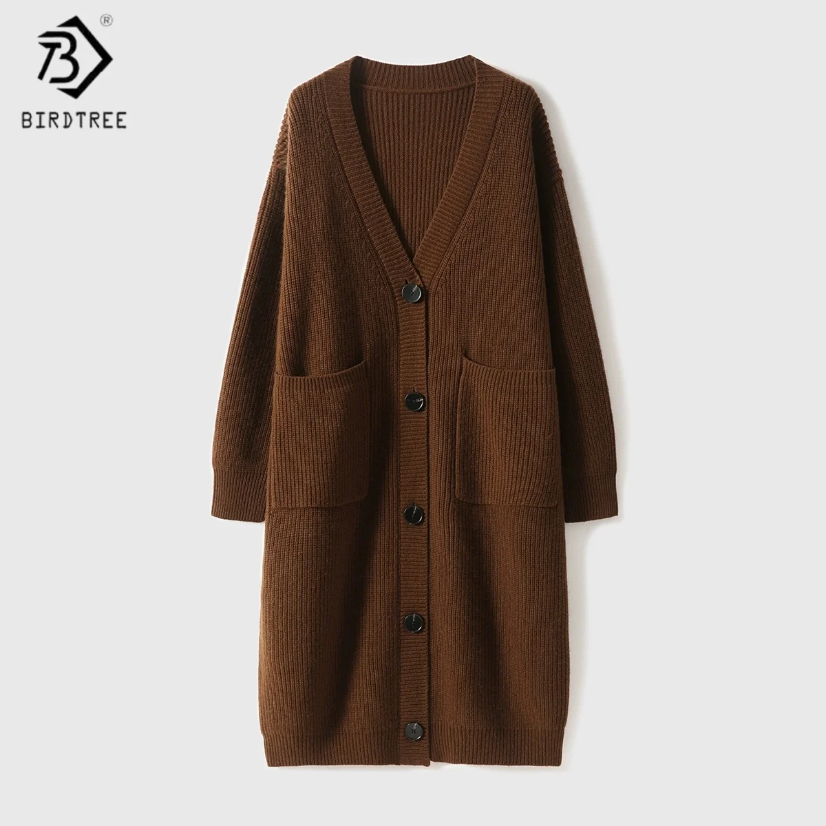 

Birdtree,90% Sheep Wool 10% Cashmere Knitted Long Cardigan,Woman Commuting V-neck Pocket Sweater,2025 Autumn Casual CoatT5O036JF