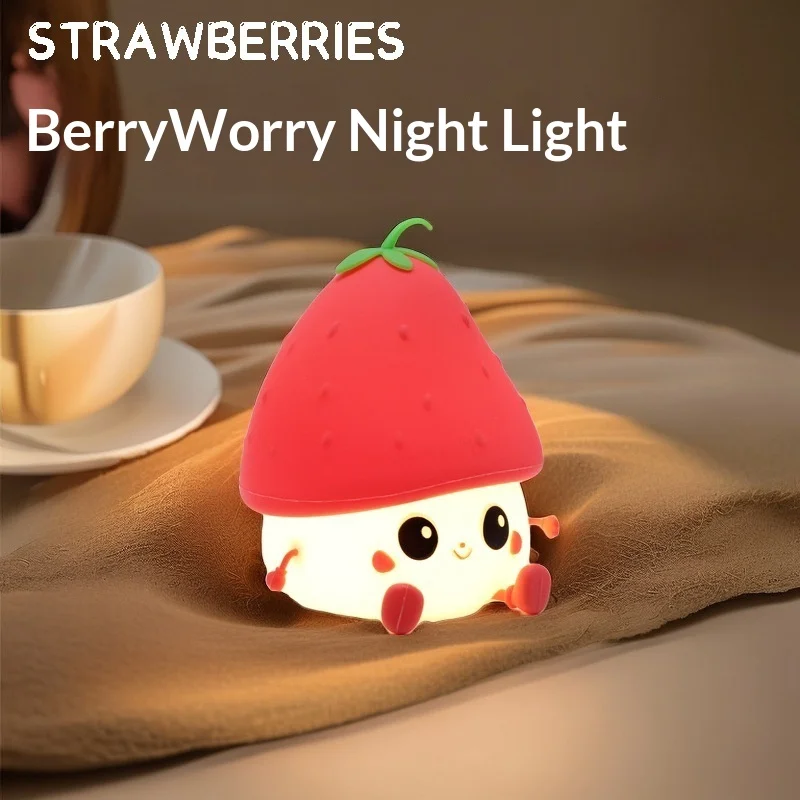 

Клубничный креативный силиконовый ночник, прикроватная лампа с мгновенной подсветкой, светильник для настроения, небольшой ночник, светящийся в темноте