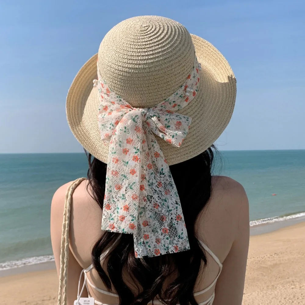 

Vacation Breathable Flower Fisherman Cap Adjustable Large Brim Lace Bowknot Straw Hat Elegant Sweet Wide Brim Sun Hat Girls