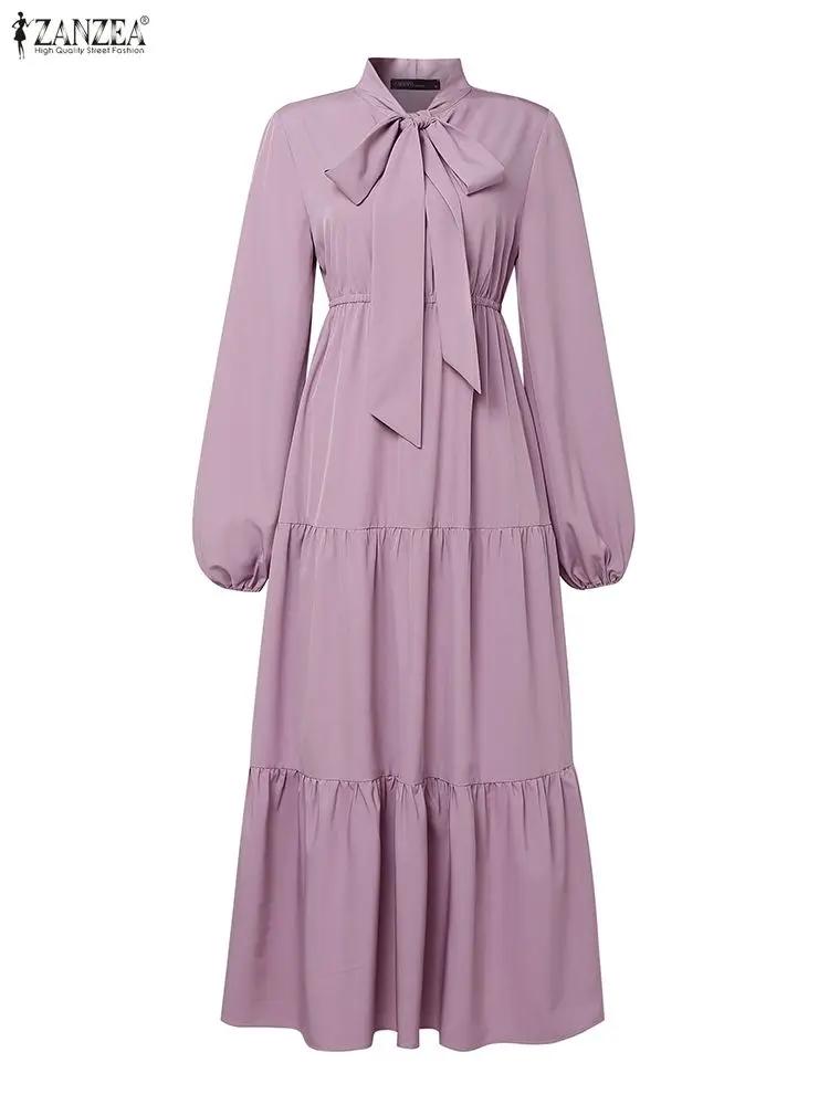 ZANZEA-vestidos de fiesta elegantes y modestos para mujer, hiyab musulmán con lazo y manga acampanada, vestido largo escalonado, ropa de Ramadán Eid 3XL