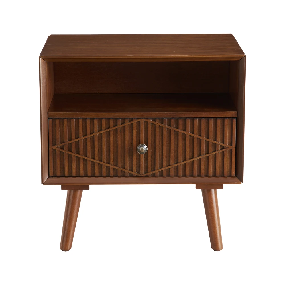 Century Modern Wood Nightstand with Carved Geometric Drawer Front, 1 Drawer and Open Shelf, Solid Wood Legs, Bedside Table for Bedroom
