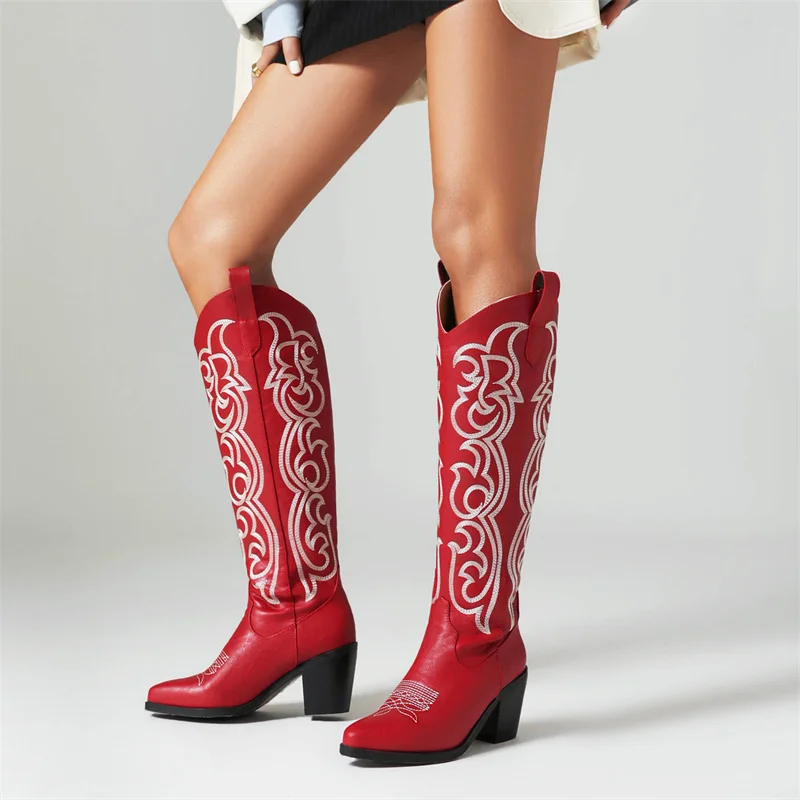 IPPEUM Cowboy Boots Red Embroider Knee High Chunky Heel Cowgirl Women Western Shoes Free Shipping