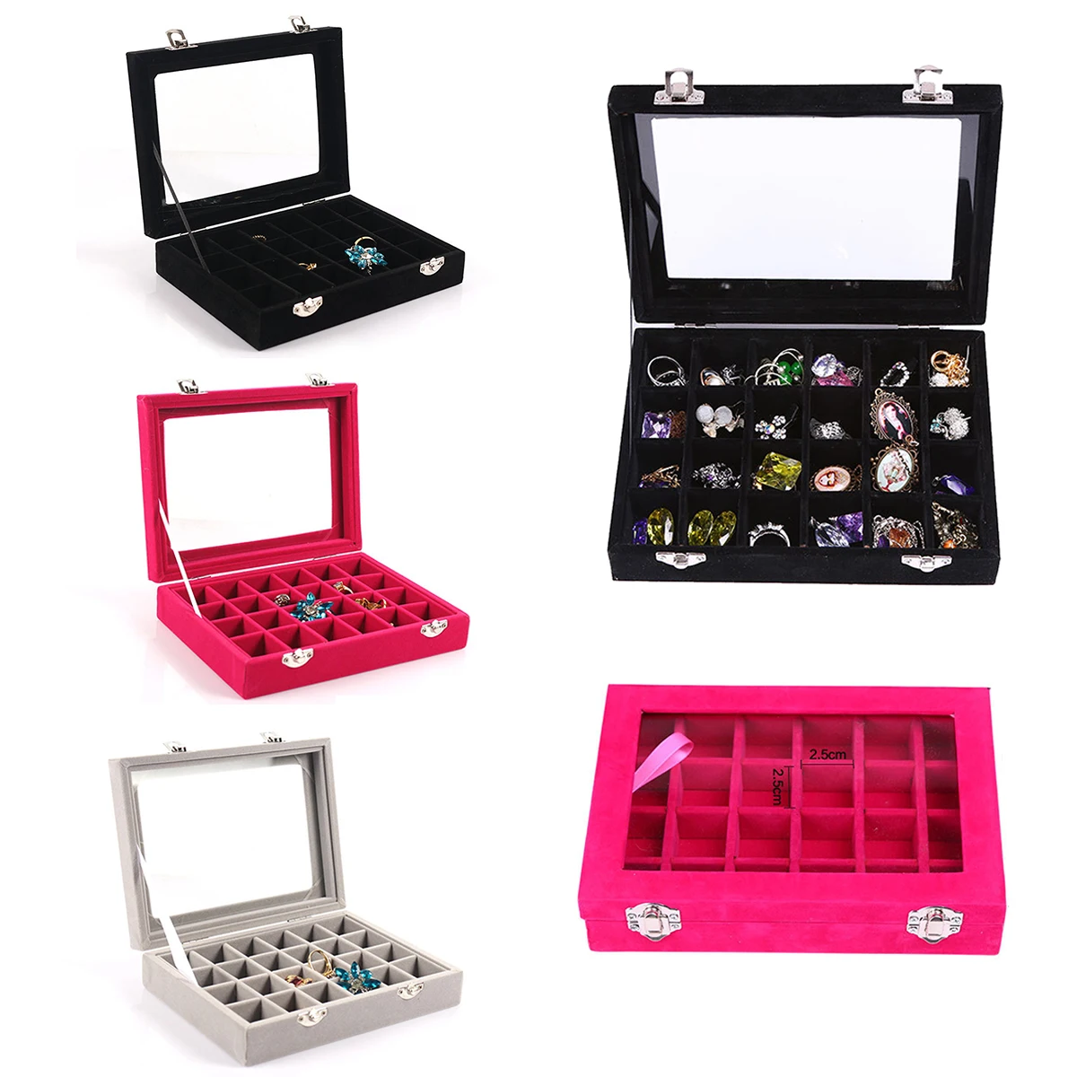 

1 PCS Creative Velvet Pink Carrying Case with Glass Cover Jewelry Ring Bracelet Display Box Tray Holder Earrings