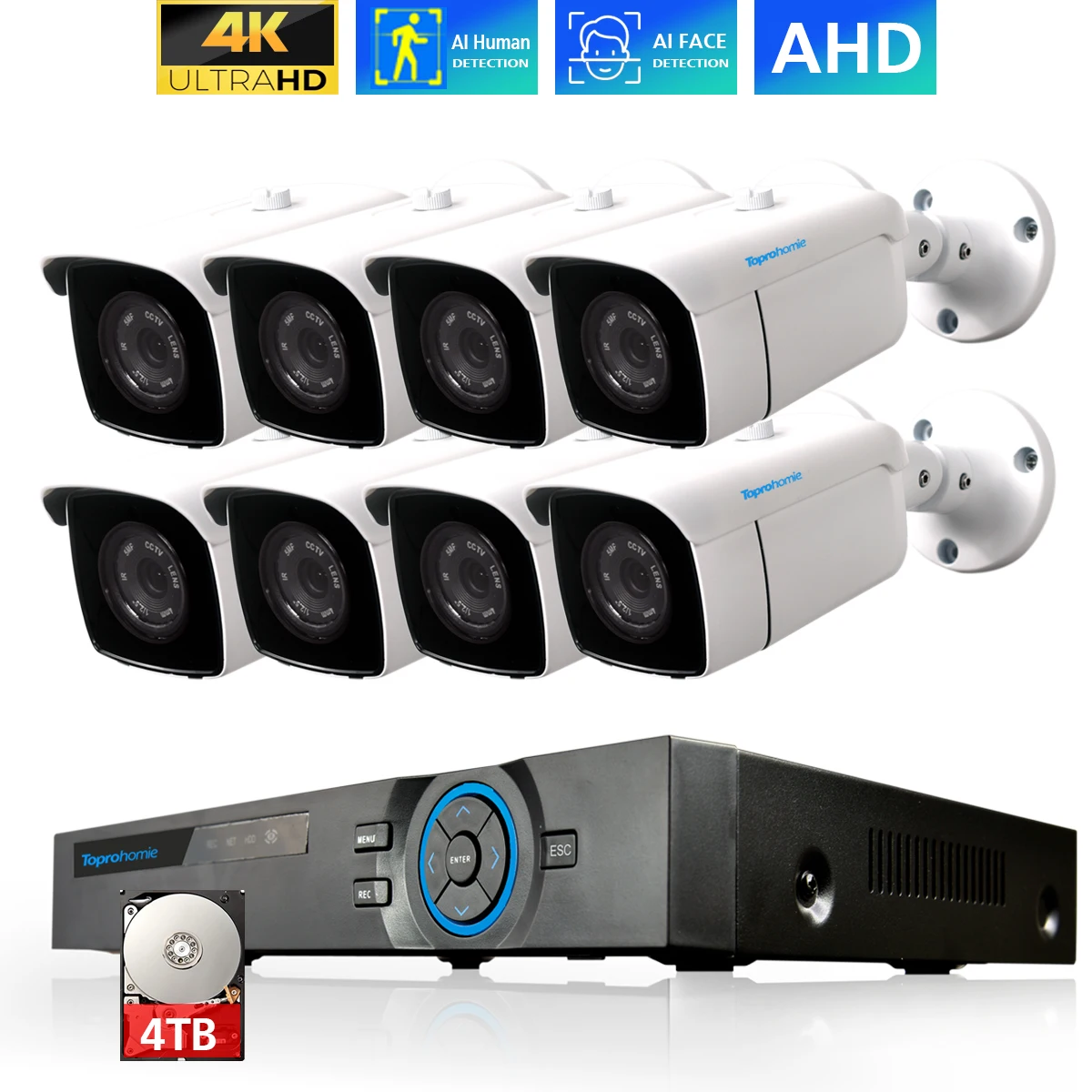 TOPROHOIME h.265+ 8CH 4K Ultra HD 8MP Security Camera kit 1/3 waterproof night vision Camera cctv video surveillance system