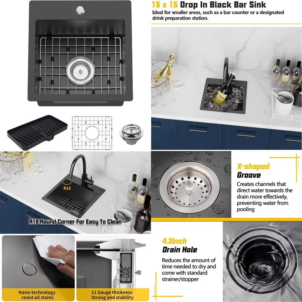 

Compact 15x15 Inch Stainless Steel Drop-In Kitchen Sink, Perfect for Small Spaces, Bar Use, and Efficient Food Prep