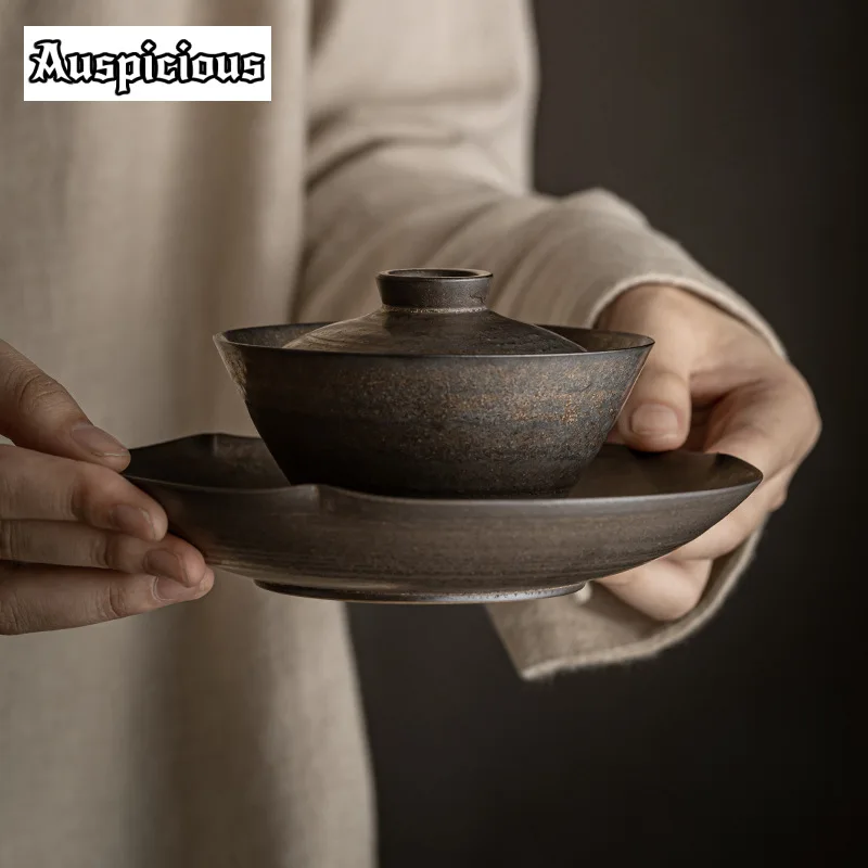 

140ml Handmade Iron Rust Glazed Gaiwan Japanese Coarse Pottery Tea Tureen Tea Maker Cover Bowl Chinese Tea Set Accessories Craft