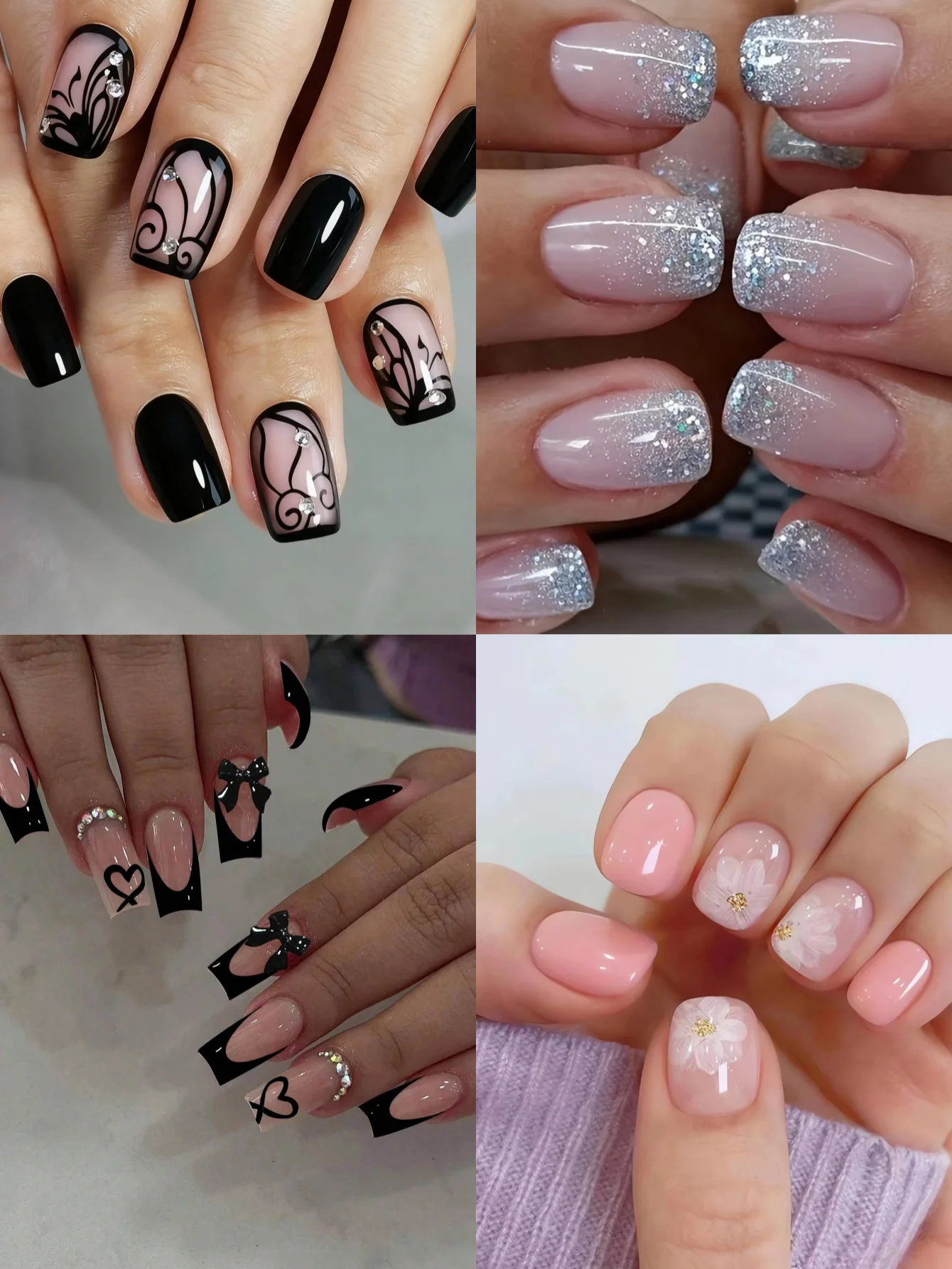 

96PCS Press On Nails Set Black Carved French,Nude Glitter Ombre,Black Bow French,Pink Floral Fake Nails False Nails for Women