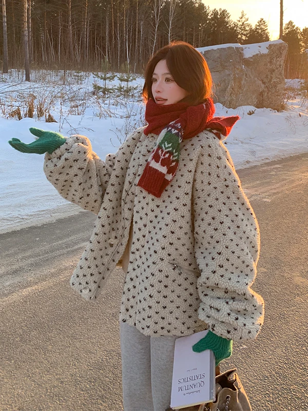 

Lamb Fur Cotton Jaet Women's ort Thiened Winter Coat Heart Print Korean Sle Casual Long Sve Zipper Closure