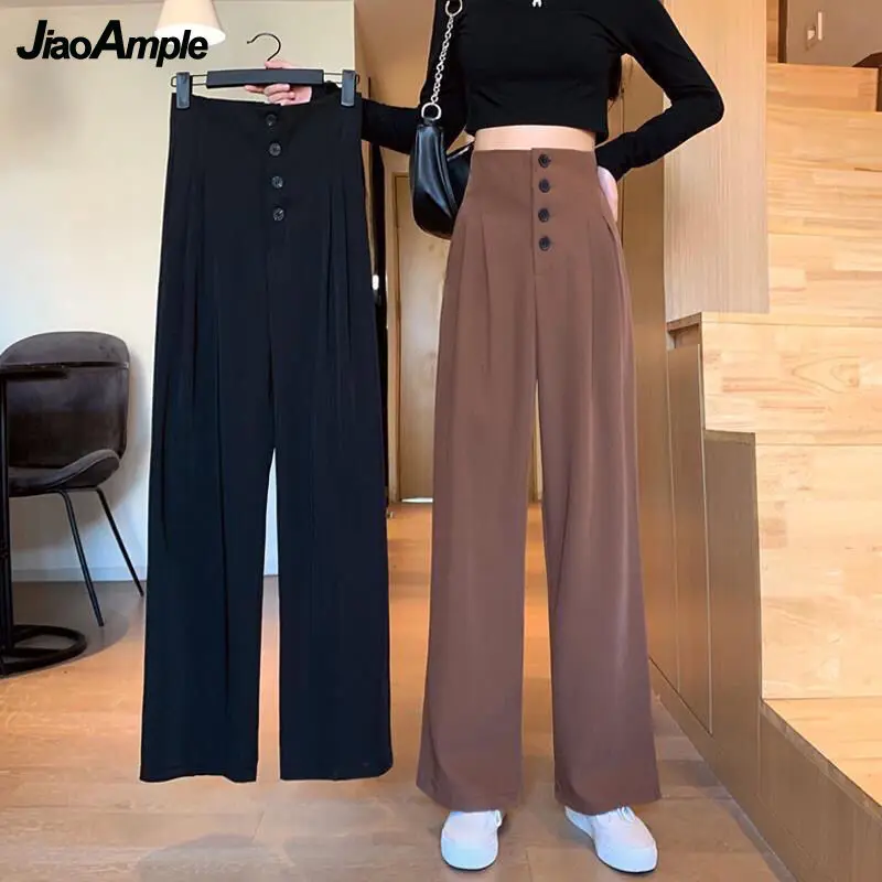 

Women Casual Suit Pants Spring Summer 2022 Office Lady Fashion High Waist Button Wide Leg Long Pants Black Straight Trousers New