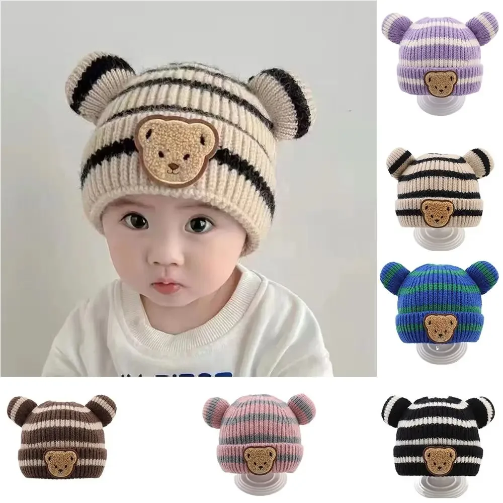 Japanese Cartoon Bear Knitted Hat Wool Thermal Hat Baby Beanie Cap Skullies Solid Color Kids Crochet Hats Toddler