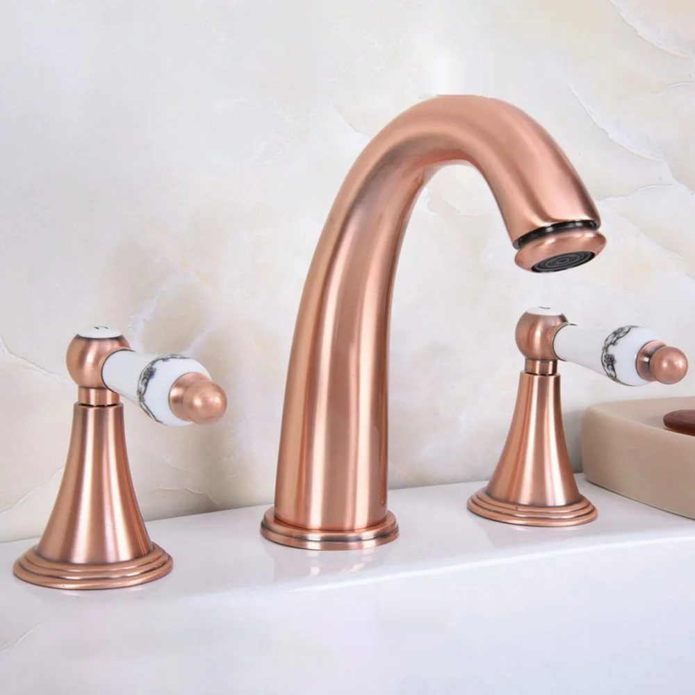 

Antique Red Copper Double Ceramic Handle Deck-Mount Three Hole Widespread Bathroom Bathtub Basin Faucet Sink Mixer Tap drg070